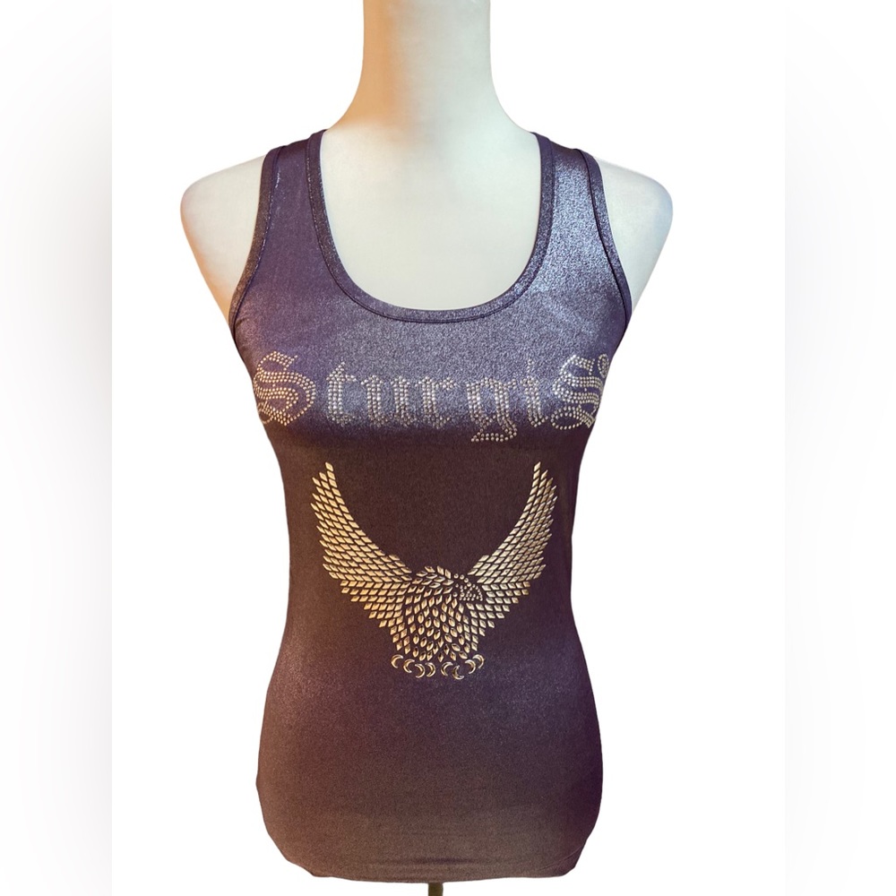 Sturgis Motorcycle women’s shimmery purple racerback studded tank top.